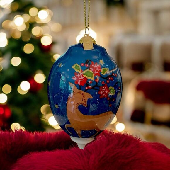 Pier 1 Li Bien Glass Christmas Ornament 2017 Hand-Painted Reindeer with Gift Box - Picture 1 of 15